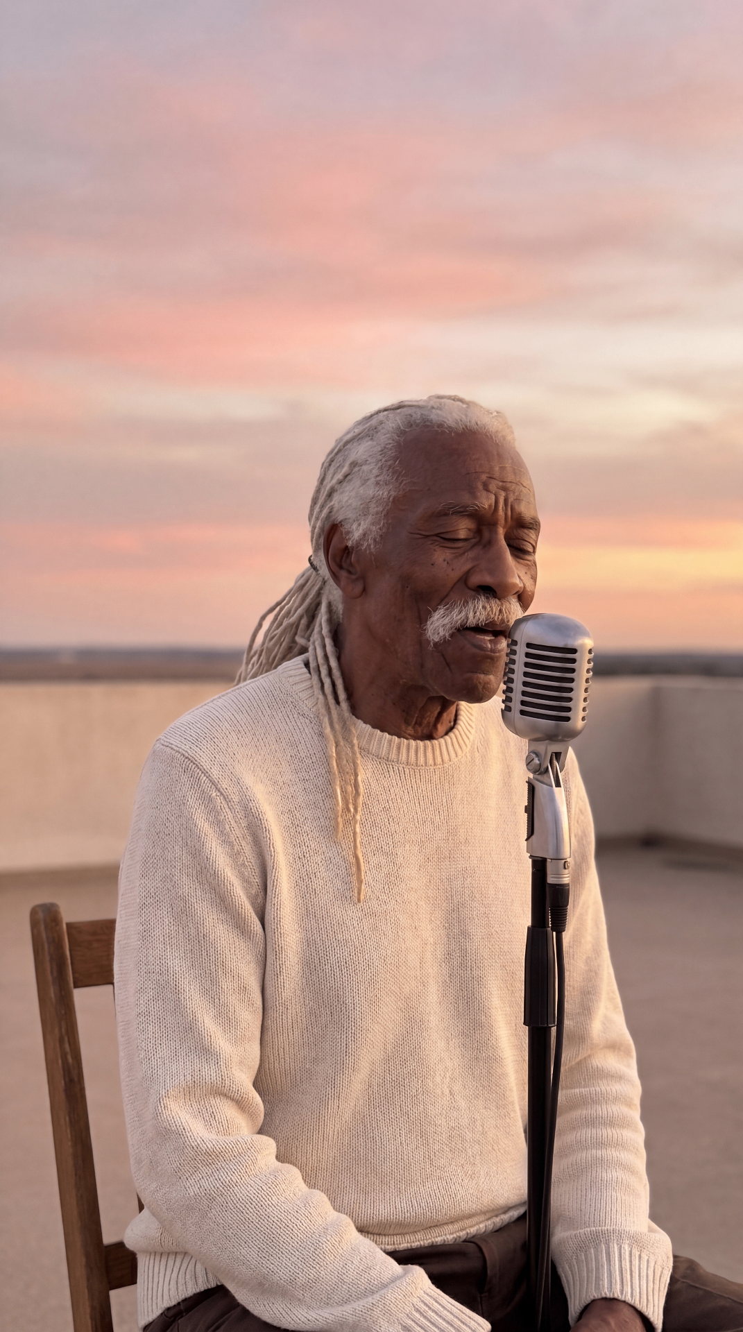 Dusty Rivers singing into a vintage microphone at sunset